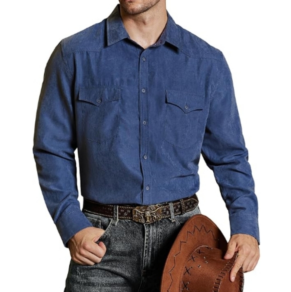 Cowboy Button Up Shirt Long Sleeve with Two Pockets Blue